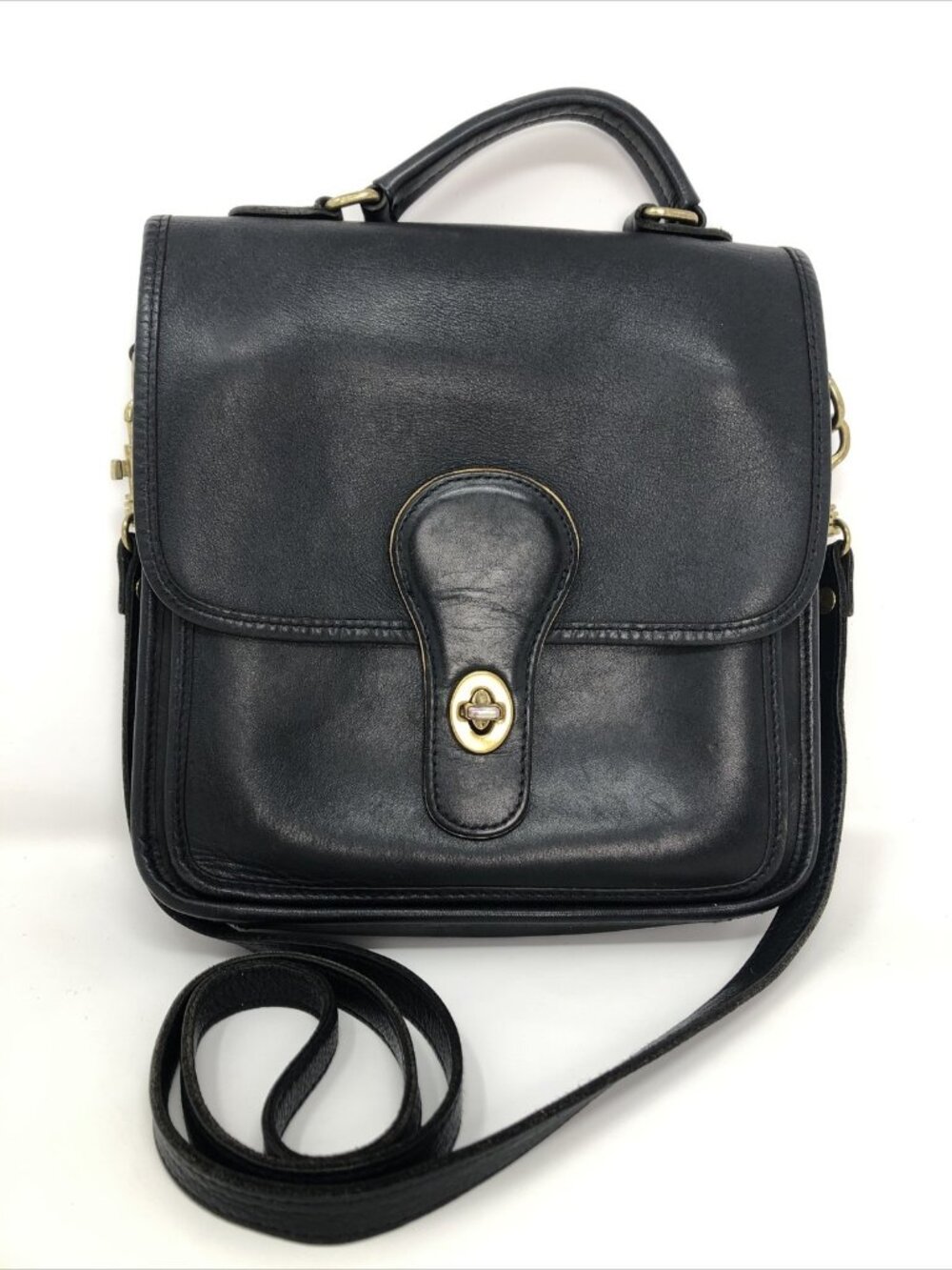 Hunt Club Bag Womens VTG Black Leather Crossbody Messenger Saddle Brass Turnlock